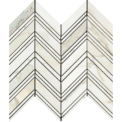 Calacatta Gold Marble Polished Large Chevron Mosaic Tile w / Calacatta Dots Marble Strips