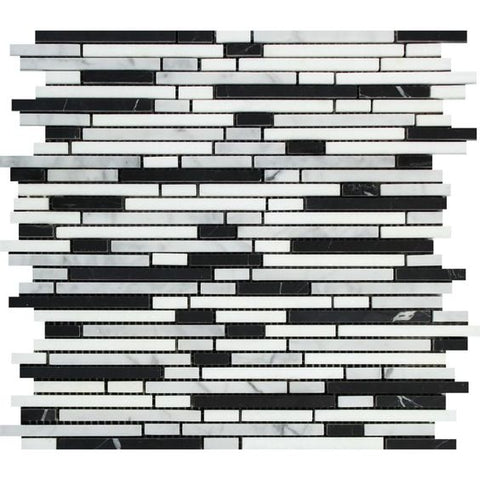 Carrara White Marble Honed Tricolor Bamboo Sticks Mosaic (Carrara + Thassos + Black )
