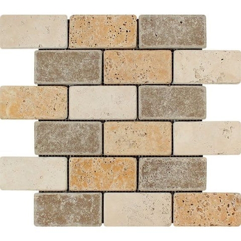 2 X 4 Mixed Travertine Tumbled Brick Mosaic Tile