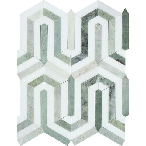 Thassos White Marble Honed Berlinetta Mosaic Tile w / Ming-Green