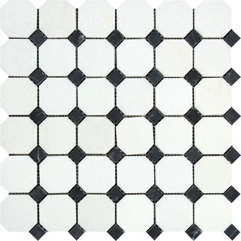 Thassos White Marble Honed Octagon Mosaic Tile w/ Black Dots