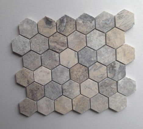 Silver Travertine Tumbled 2'' Hexagon Mosaic Tile