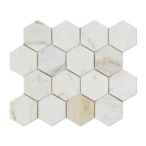 Calacatta Gold Marble Polished 3" Hexagon Mosaic Tile