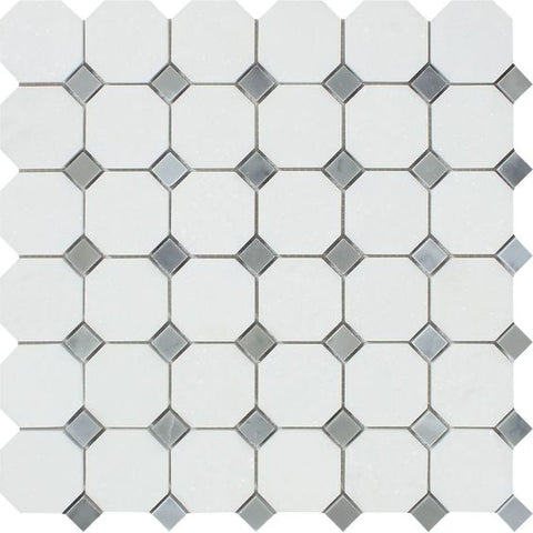 Thassos White Marble Polished Octagon Mosaic Tile w/ Blue Gray Dots