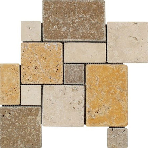Mixed Travertine 4-Pieced OPUS Mini-Pattern Tumbled Mosaic Tile