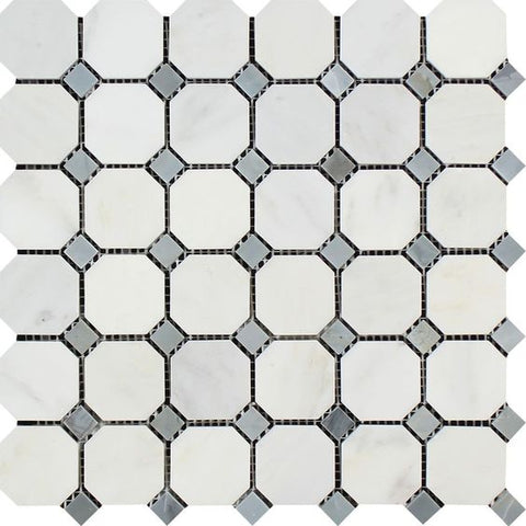 Oriental White / Asian Statuary Marble Polished Octagon Mosaic Tile w/ Blue Gray Dots
