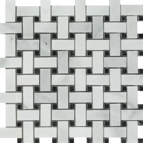 Bianco Venatino (Bianco Mare) Marble Honed Basketweave Mosaic Tile w/ Black Dots
