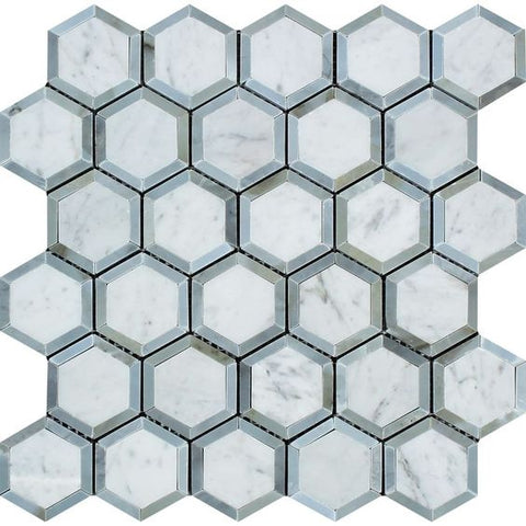 Carrara White Marble Polished 2" Vortex Hexagon Mosaic Tile w / Blue Gray