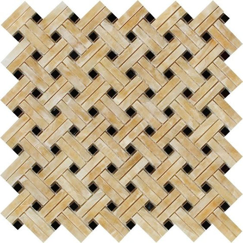 Honey Onyx Polished Stanza Basketweave Mosaic Tile w / Black Dots