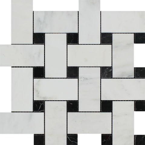 Oriental White / Asian Statuary Marble Polished Large Basketweave Mosaic Tile w / Black Dots