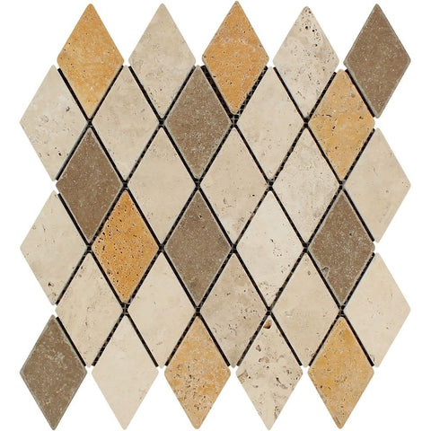 Mixed Travertine 2 X 4 Tumbled Diamond Mosaic Tile