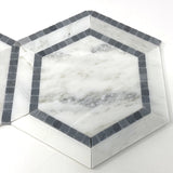 Oriental White / Asian Statuary Marble Polished 5" Hexagon Combination Mosaic Tile w / Blue