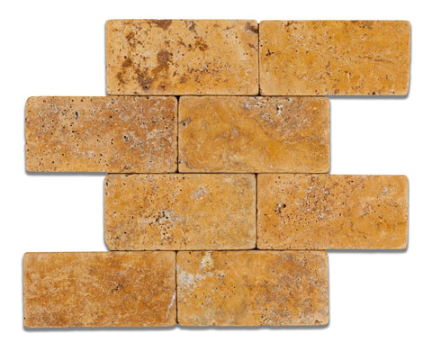 3 X 6 Gold / Yellow Travertine Tumbled Subway Brick Field Tile