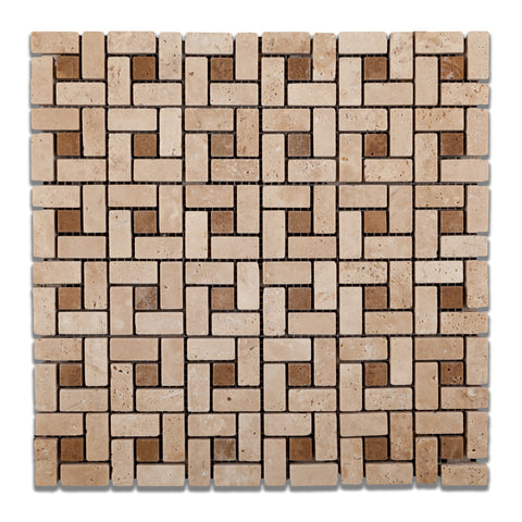 Ivory Travertine Tumbled Mini Pinwheel Mosaic Tile w/ Noce Dots