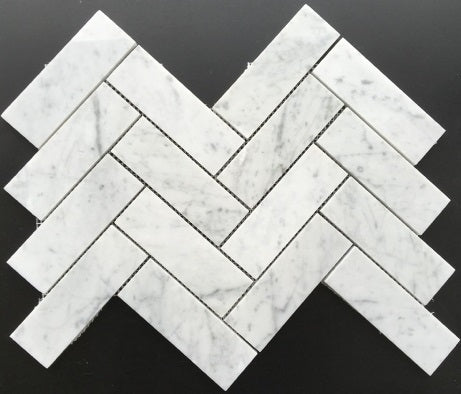 Carrara White Marble Polished 2 x 6 Herringbone Mosaic Tile