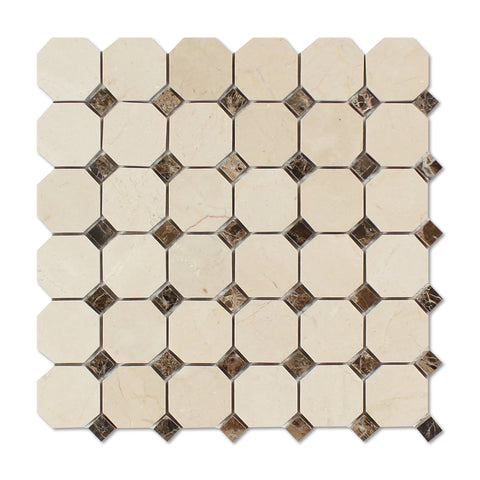 Crema Marfil Marble Polished Octagon Mosaic Tile w/ Emperador Dark Dots