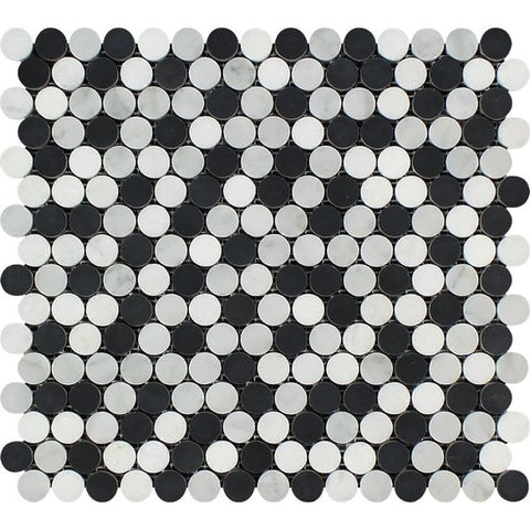 Carrara White Marble Honed Penny Round Mosaic Tile w / Black Dots
