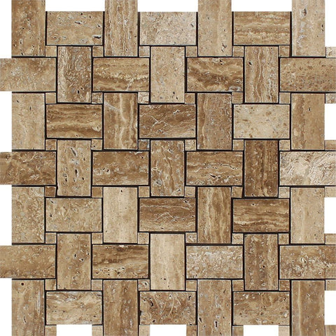 Noce Exotic Travertine (Vein-Cut) Polished & Unfilled Basketweave Mosaic Tile