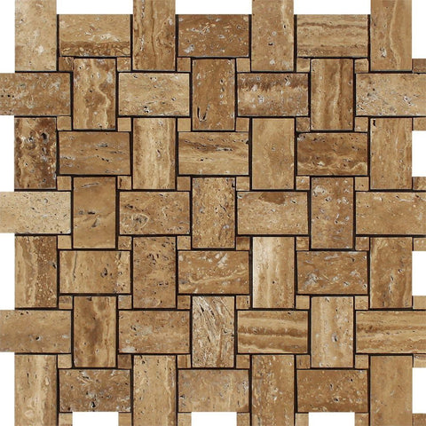 Noce Exotic Travertine (Vein-Cut) Brushed & Unfilled Basketweave Mosaic Tile