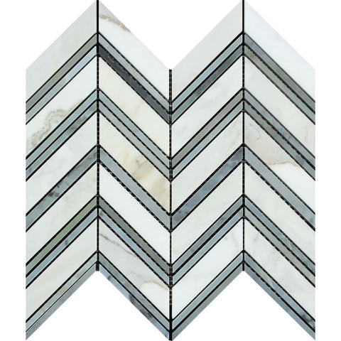 Calacatta Gold Marble Honed Large Chevron Mosaic Tile w / Blue - Gray Dots Marble Strips