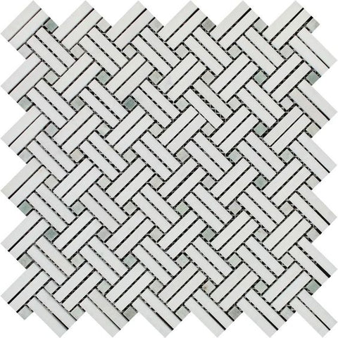 Thassos White Marble Honed Stanza Basketweave Mosaic Tile w/ Ming Green Dots