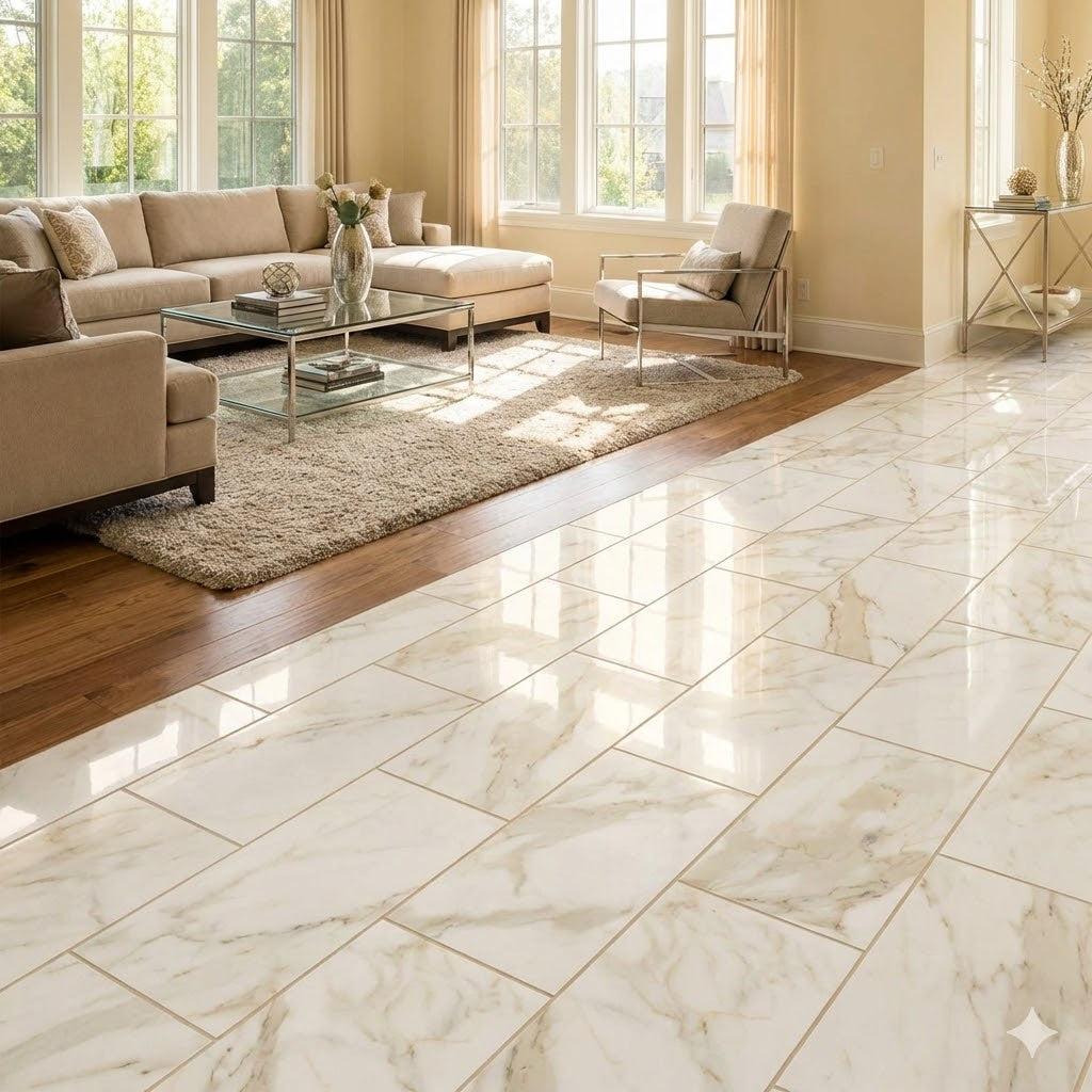 2026 Interior Design Trends: Large Format Tiles and Earthy Textures.