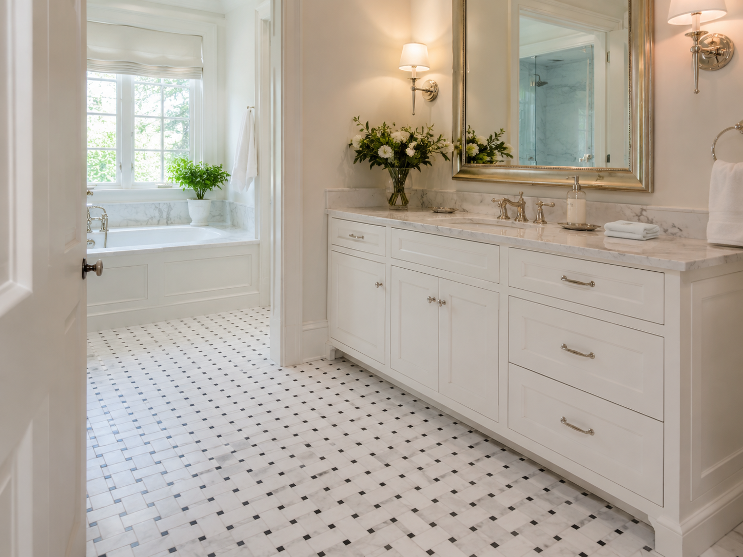 Classic bathroom with basketweave marble mosaic floor, white vanity, polished fixtures, soft lighting, and timeless natural stone design