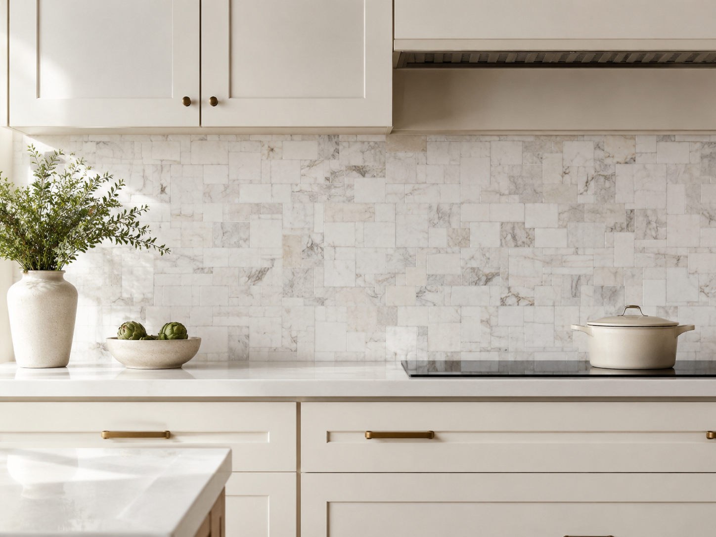 Elegant kitchen backsplash with marble mosaic tile, natural stone veining, white cabinets, warm lighting, and modern American interior design