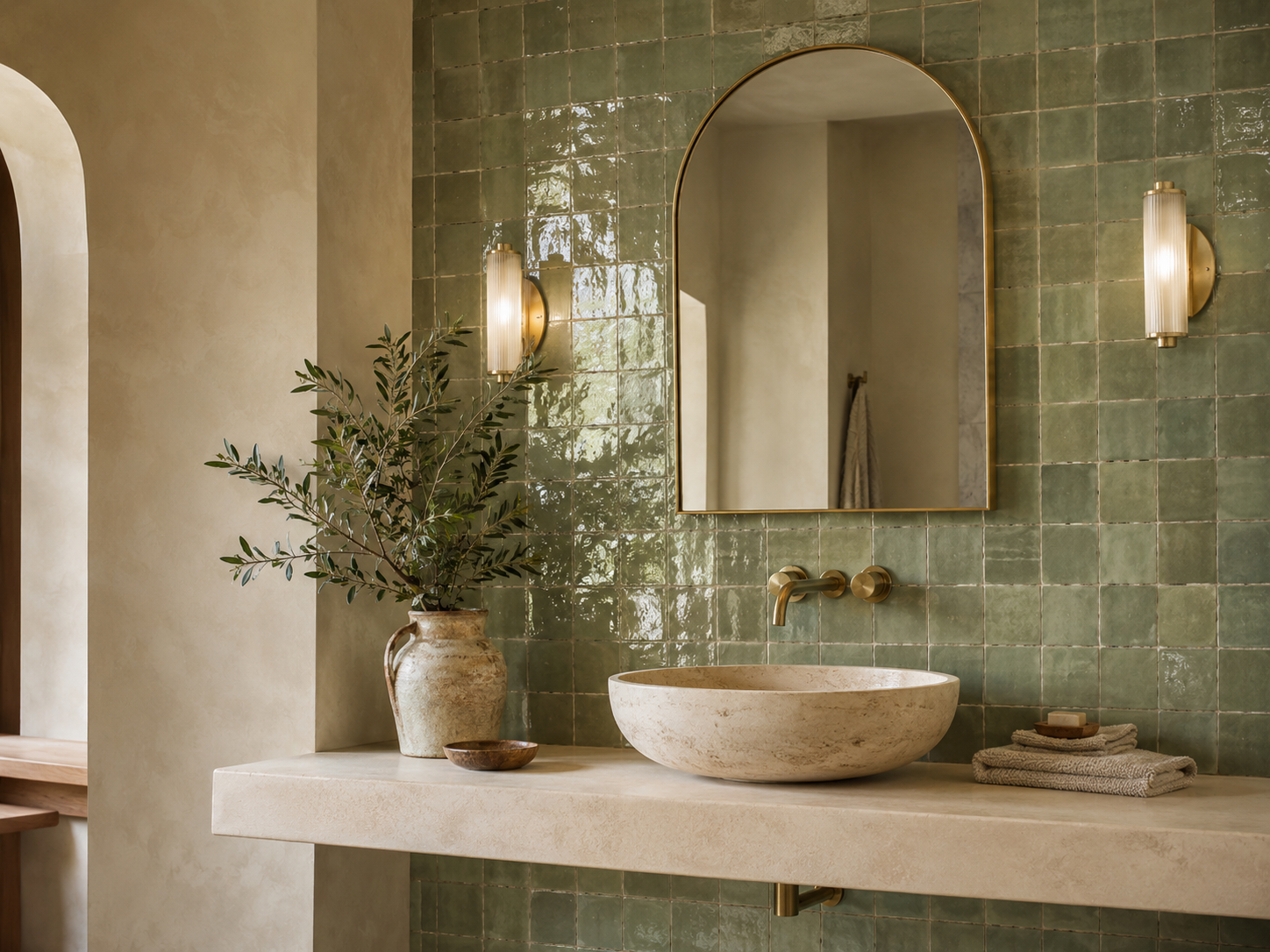 Green zellige tile bathroom vanity wall with glossy handmade-look ceramic tile, brass fixtures, stone vessel sink, arched mirror, and warm spa-inspired design