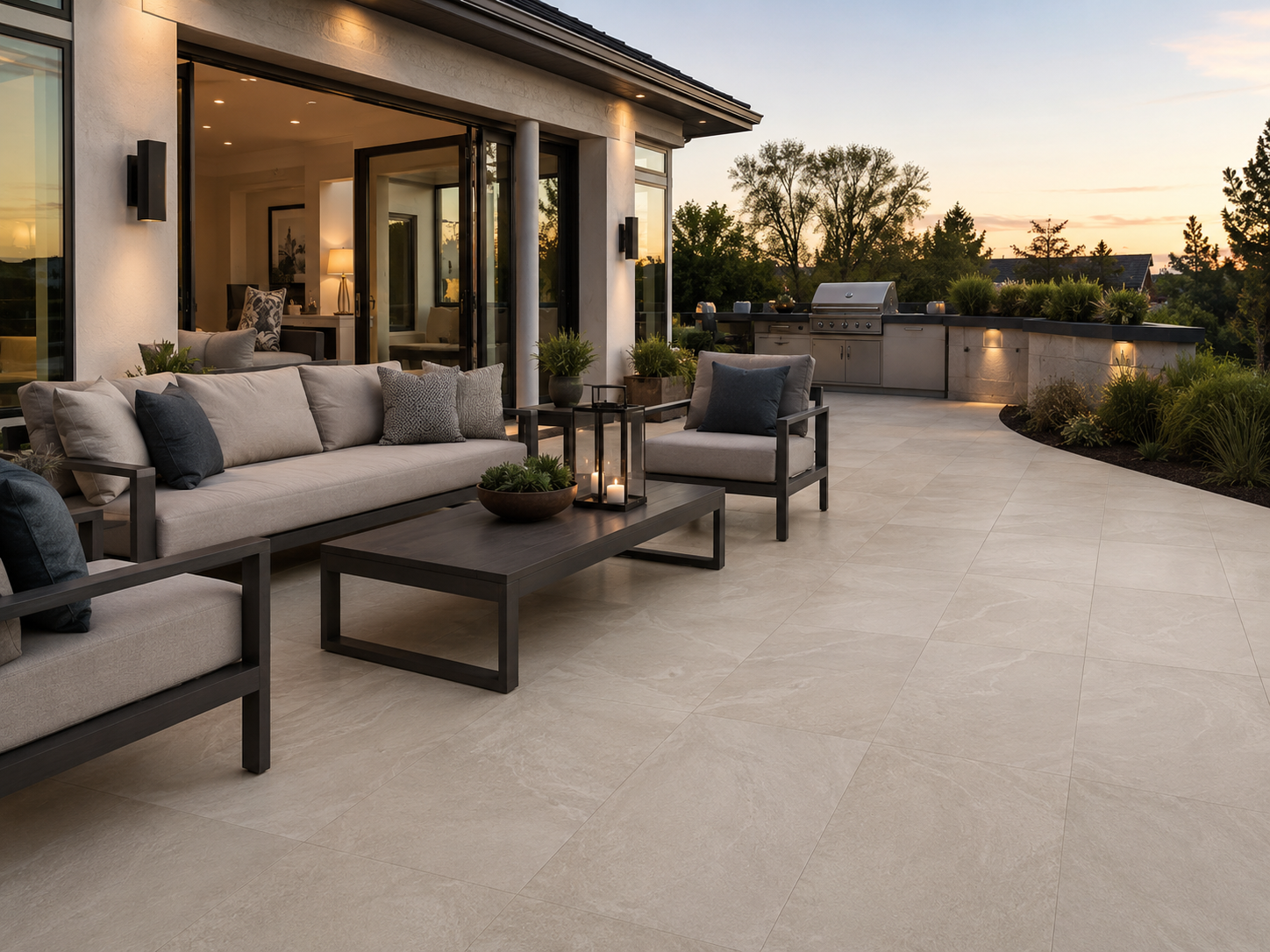 Modern outdoor patio with large-format porcelain tile flooring, outdoor seating, warm lighting, landscaped garden, and elegant outdoor kitchen area