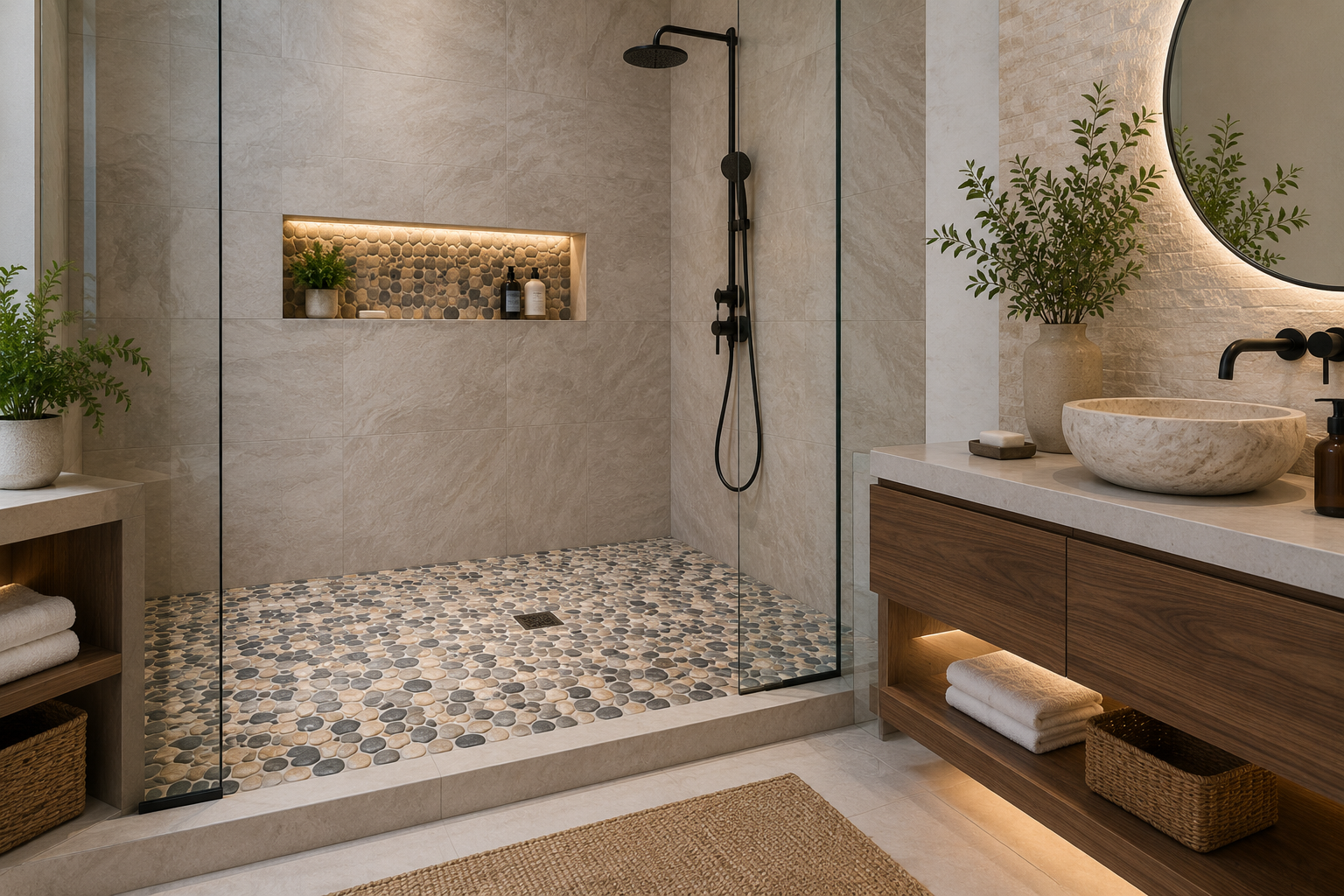 Natural spa bathroom with pebble mosaic shower floor, stone-look wall tile, glass shower enclosure, warm wood vanity, and soft modern lighting