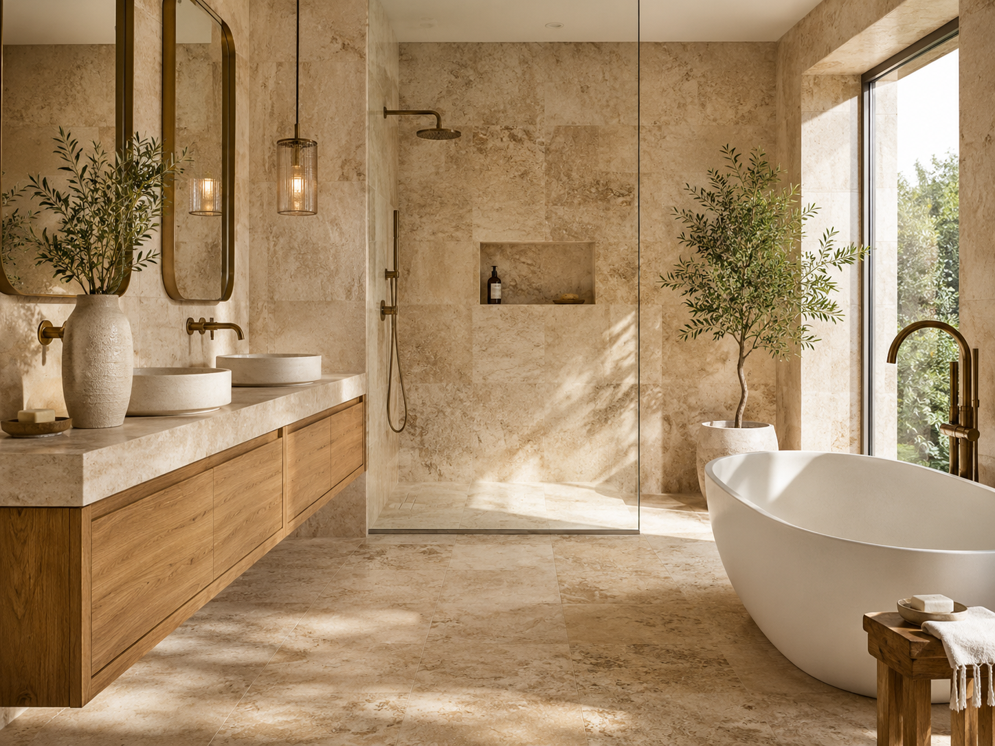 Warm travertine bathroom with natural stone shower walls, beige floor tile, wood vanity, freestanding bathtub, and spa-inspired design
