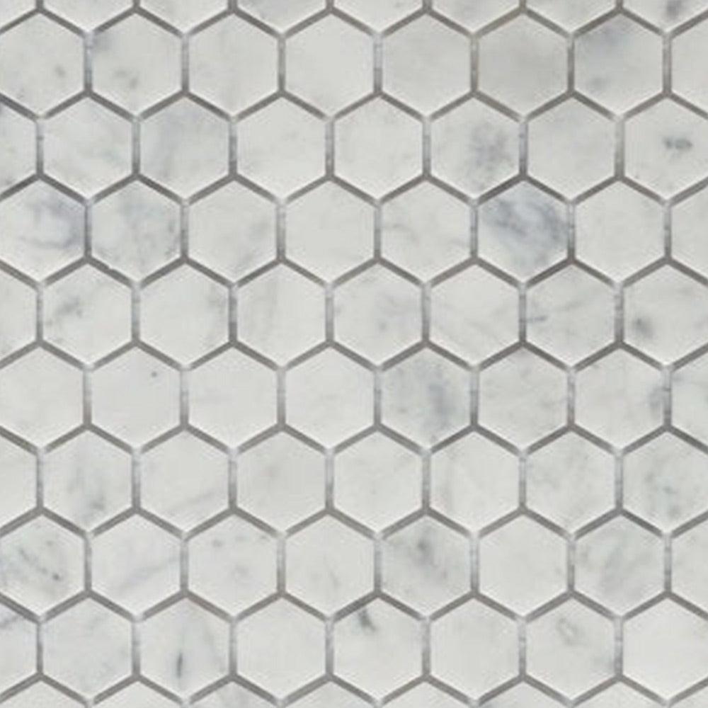 1" Mineralis Carrara Marble Polished Hexagon Stone & Glass Mosaic Tile 1" Mineralis Carrara Marble Polished Hexagon Stone & Glass Mosaic Tile - American Tile Depot