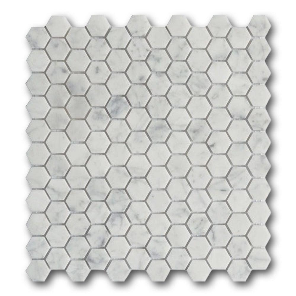 1" Mineralis Carrara Marble Polished Hexagon Stone & Glass Mosaic Tile 1" Mineralis Carrara Marble Polished Hexagon Stone & Glass Mosaic Tile - American Tile Depot