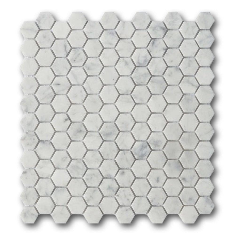 1" Mineralis Carrara Marble Polished Hexagon Stone & Glass Mosaic Tile 1" Mineralis Carrara Marble Polished Hexagon Stone & Glass Mosaic Tile - American Tile Depot
