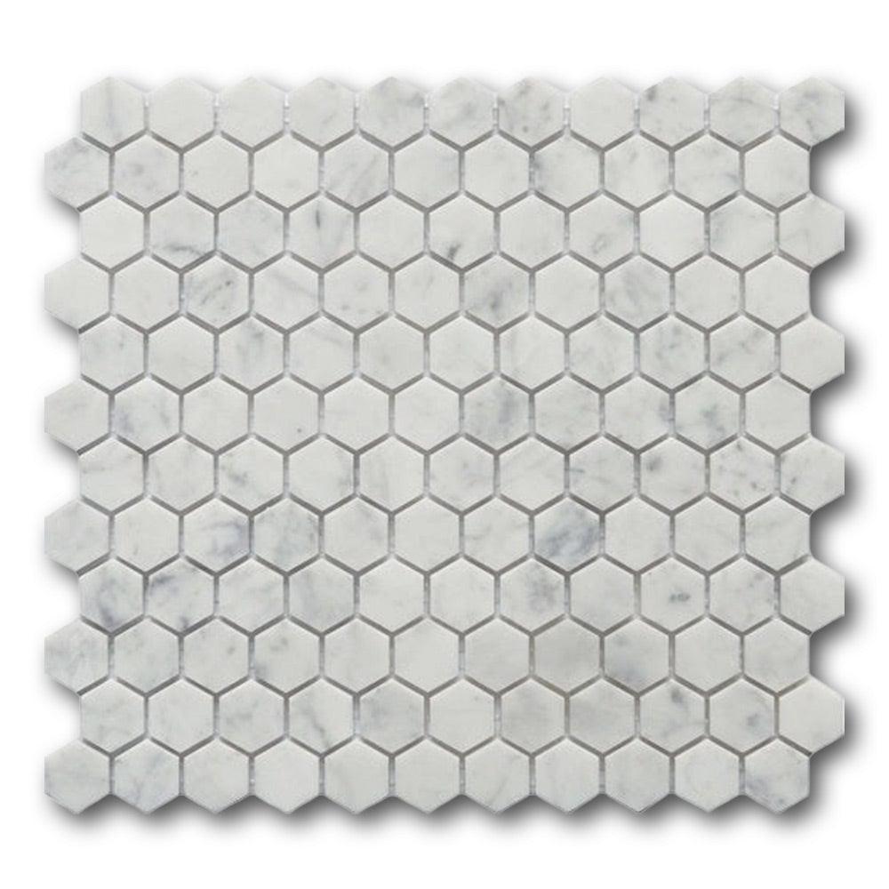 1" Mineralis Carrara Marble Polished Hexagon Stone & Glass Mosaic Tile 1" Mineralis Carrara Marble Polished Hexagon Stone & Glass Mosaic Tile - American Tile Depot