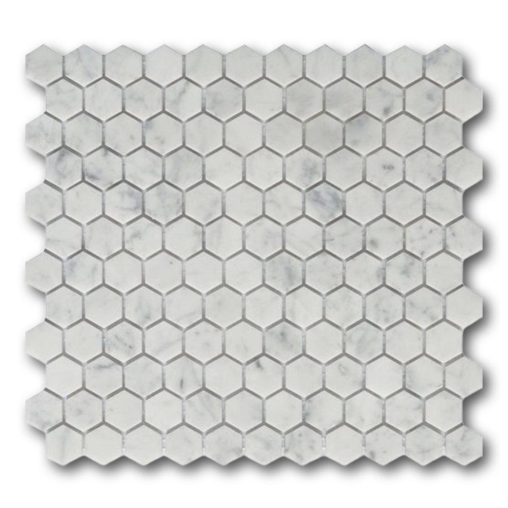 1" Mineralis Carrara Marble Polished Hexagon Stone & Glass Mosaic Tile 1" Mineralis Carrara Marble Polished Hexagon Stone & Glass Mosaic Tile - American Tile Depot