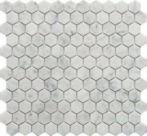 1" Mineralis Carrara Marble Polished Hexagon Stone & Glass Mosaic Tile 1" Mineralis Carrara Marble Polished Hexagon Stone & Glass Mosaic Tile - American Tile Depot