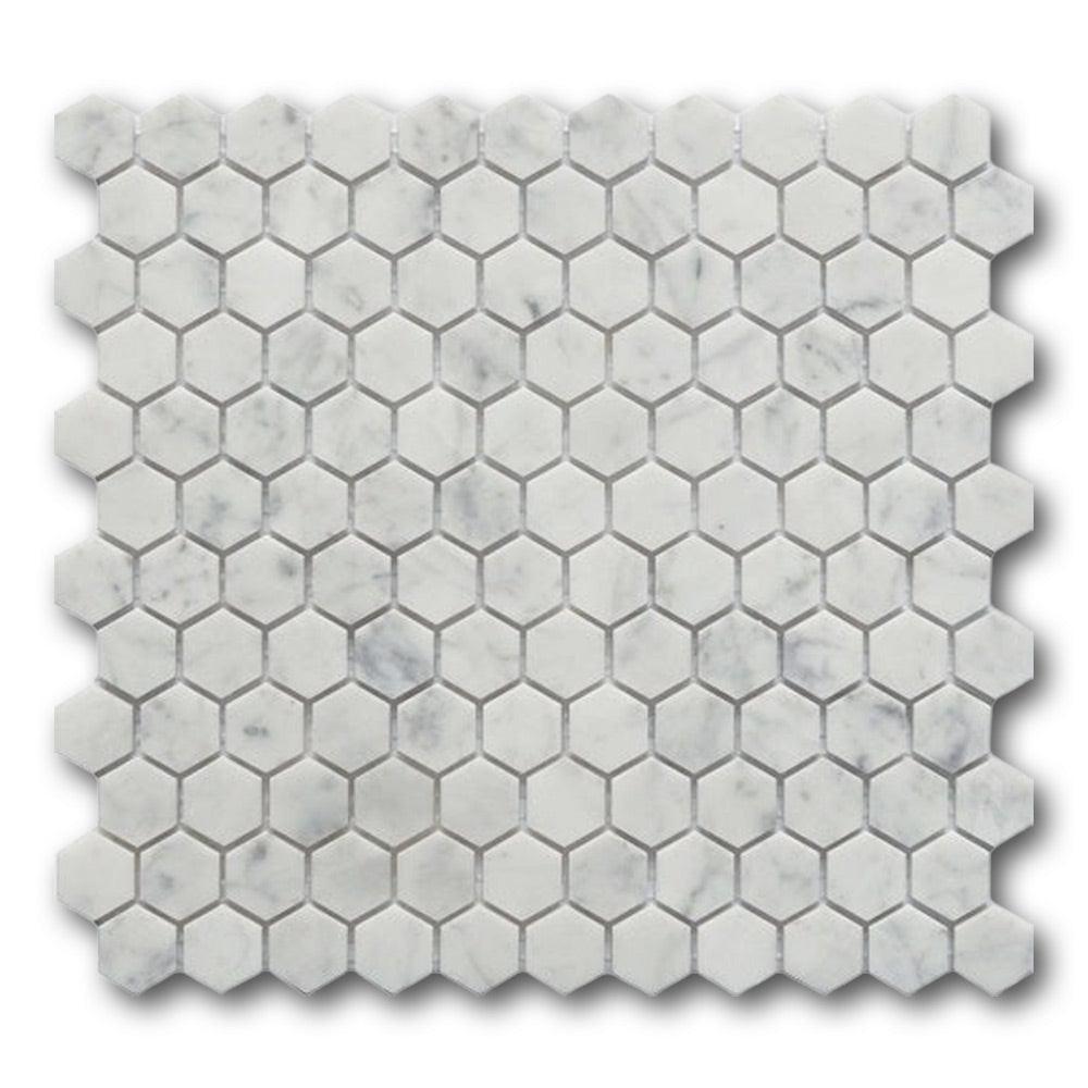 1" Mineralis Carrara Marble Polished Hexagon Stone & Glass Mosaic Tile 1" Mineralis Carrara Marble Polished Hexagon Stone & Glass Mosaic Tile - American Tile Depot