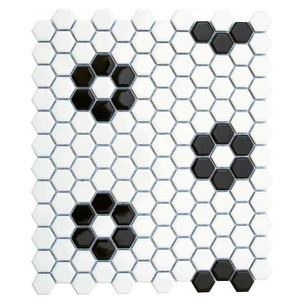 1" Array Black & White Flower Matte Hexagon Porcelain Mosaic Tile-American Tile Depot
