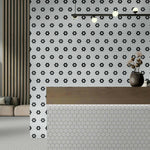 1" Array Black & White Flower Matte Hexagon Porcelain Mosaic Tile-American Tile Depot