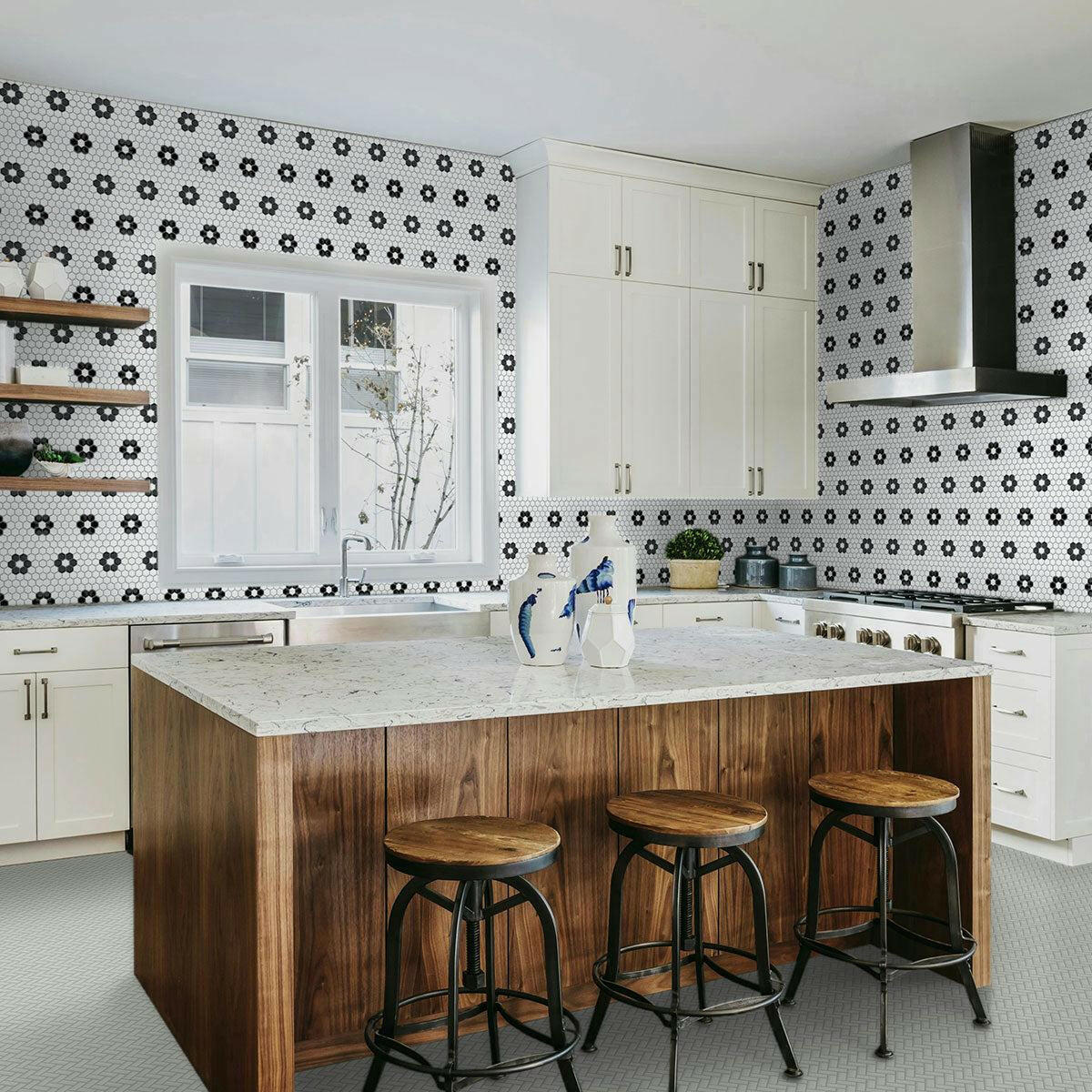 1" Array Black & White Flower Matte Hexagon Porcelain Mosaic Tile-American Tile Depot