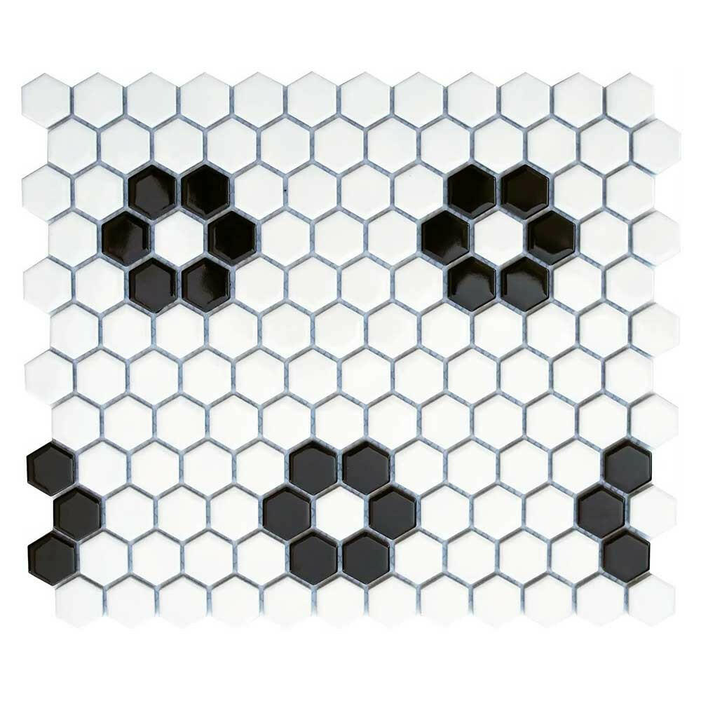 1" Array Black & White Flower Matte Hexagon Porcelain Mosaic Tile-American Tile Depot