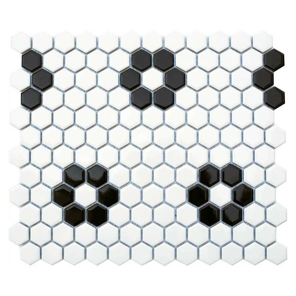 1" Array Black & White Flower Matte Hexagon Porcelain Mosaic Tile-American Tile Depot