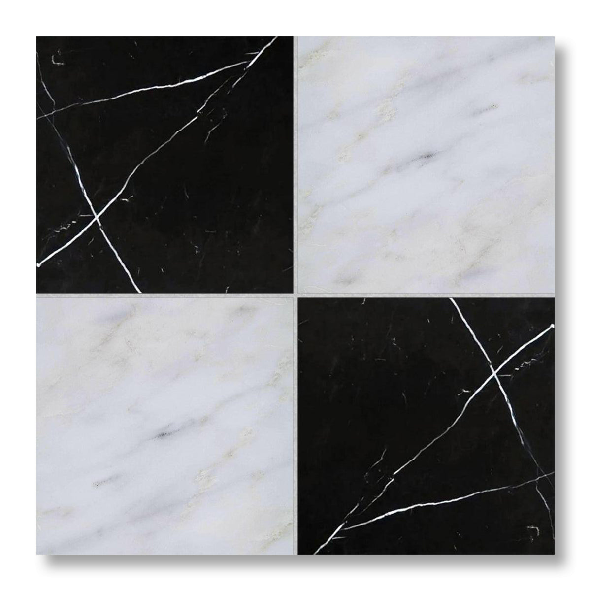 12x12 Checkerboard Tile - Black Marquina & Asian Statuary Honed Marble - American Tile Depot