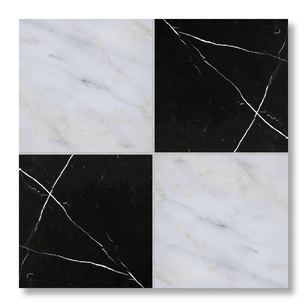 12x12 Checkerboard Tile - Black Marquina & Asian Statuary Honed Marble - American Tile Depot