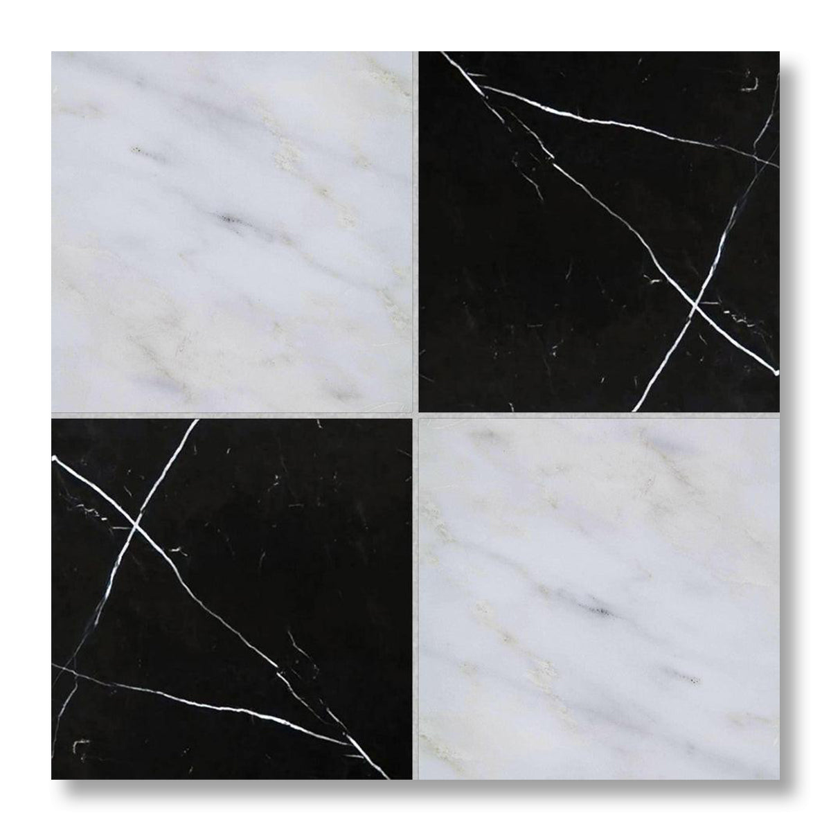 12x12 Checkerboard Tile - Black Marquina & Asian Statuary Polished Marble - American Tile Depot