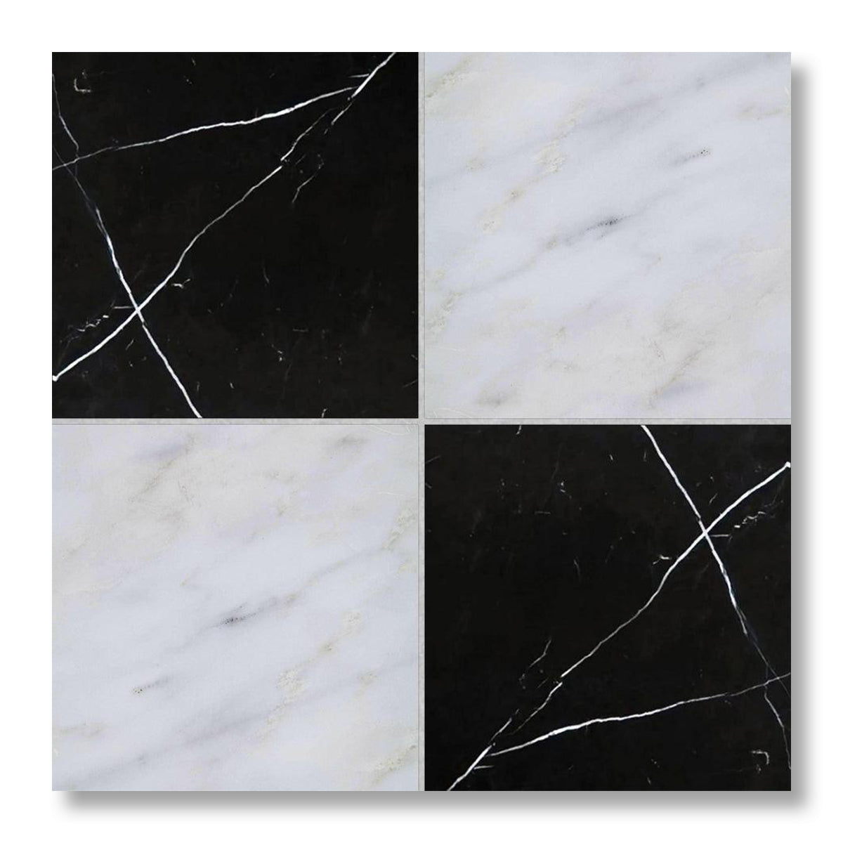 12x12 Checkerboard Tile - Black Marquina & Asian Statuary Honed Marble - American Tile Depot