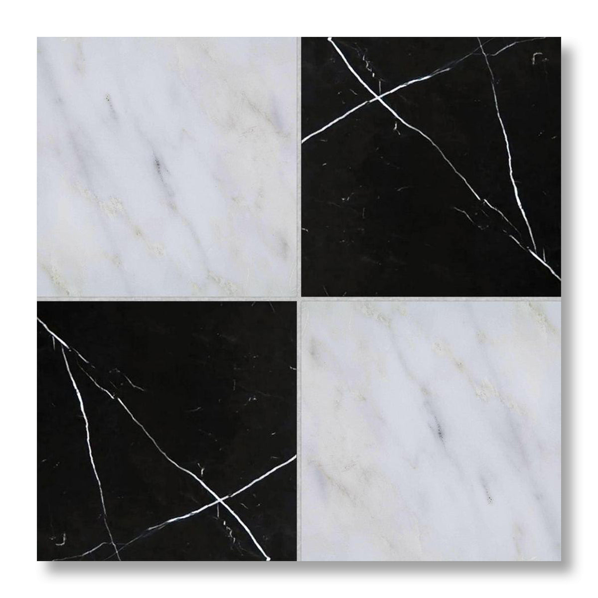 12x12 Checkerboard Tile - Black Marquina & Asian Statuary Polished Marble - American Tile Depot