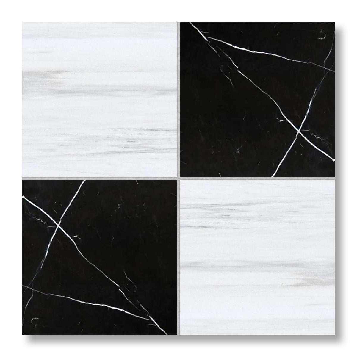 12x12 Checkerboard Tile - Black Marquina & Bianco Dolomite Polished Marble - American Tile Depot